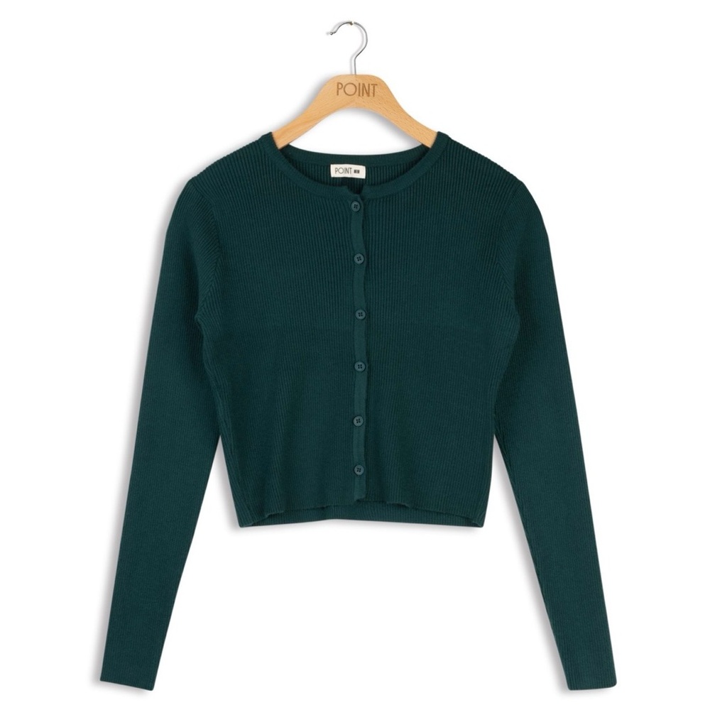 Point Ribbed Classic Cardi Pine